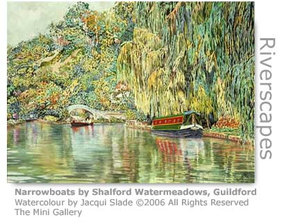 Jacqui Slade's watercolour of the river by Shalford Watermeadows