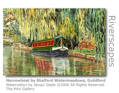 Detail of Jacqui Slade's watercolour of Narrowboats by Shalford Watermeadows