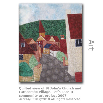 Quilted view of St John's Church and Farncombe village from Let's Face It community art project